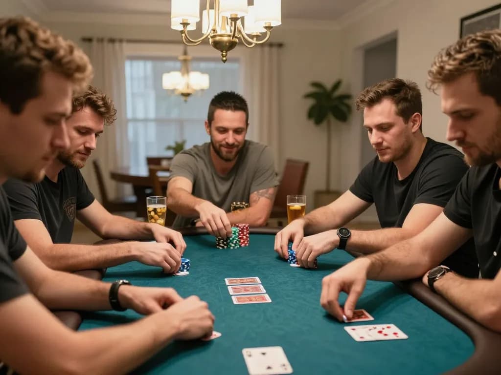 Players enjoying online USA casinos with strategic poker gameplay and snacks at home