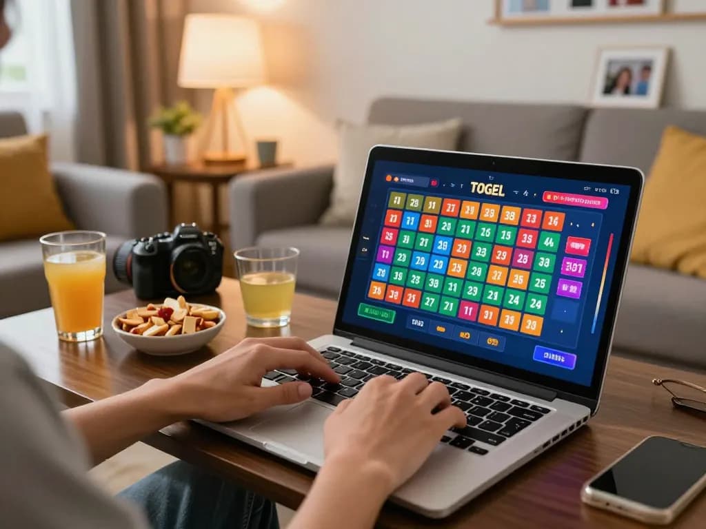permainan situs togel ditampilkan di laptop, suasana bermain langsung di ruang tamu yang nyaman.