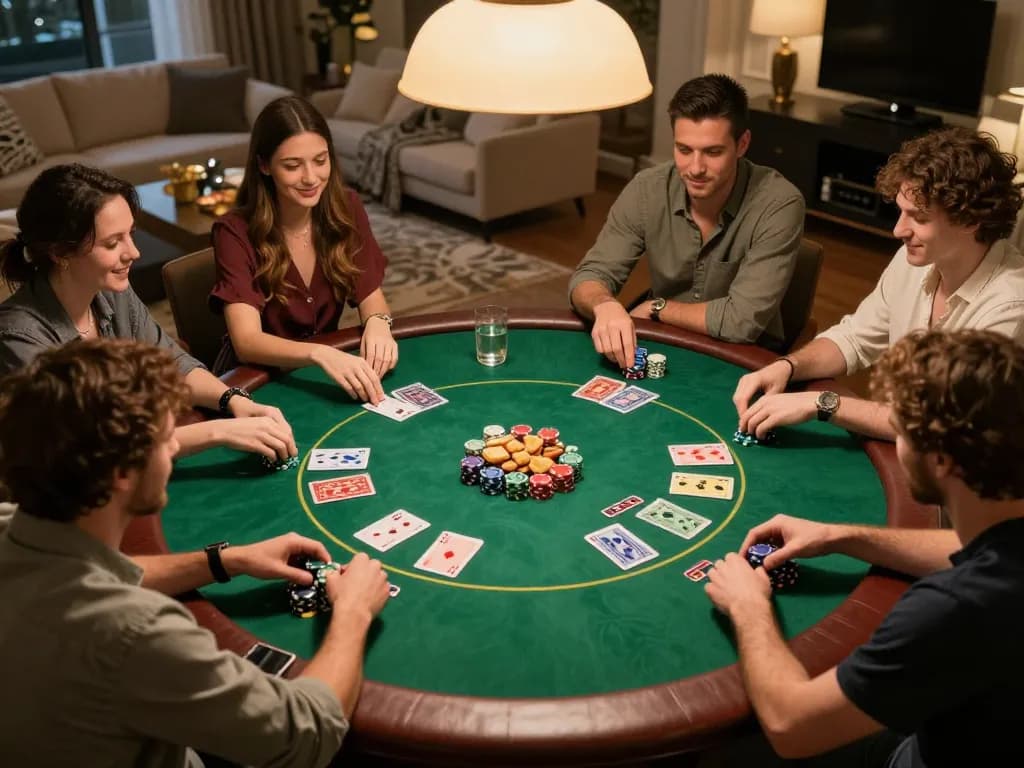 Bangsawan88 daftar showcases an engaging poker night with friends strategizing over a green felt table.