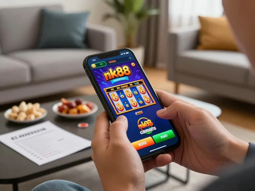 Engaging with nk88 casino app on smartphone while enjoying a cozy home gaming atmosphere