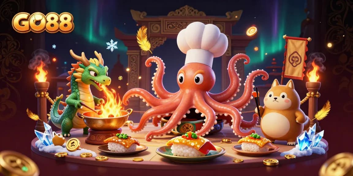 Experience the immersive GO88 gaming environment with an illustrated casino scene featuring vibrant characters.