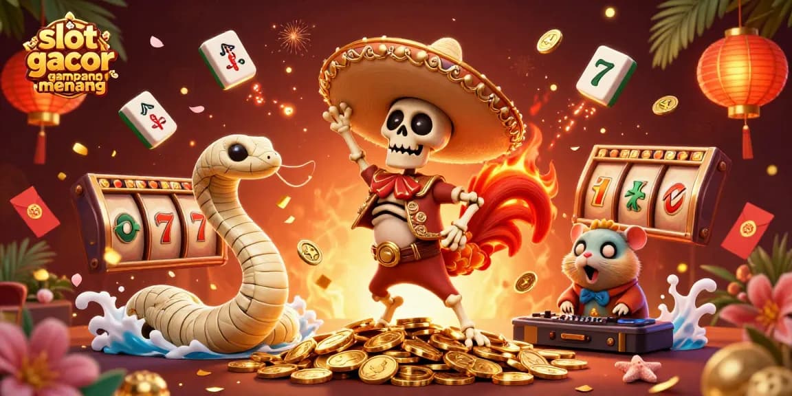 Play slot gacor gampang menang with a colorful 3D casino scene featuring a dancing skeleton and dynamic elements.