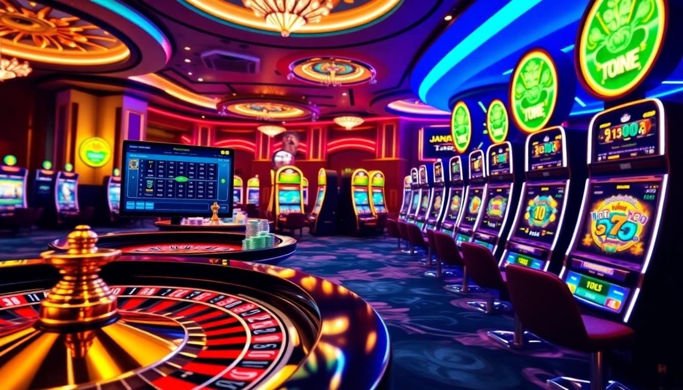 A dynamic online gambling interface featuring amanahtoto with roulette, slot machines and vibrant casino elements.