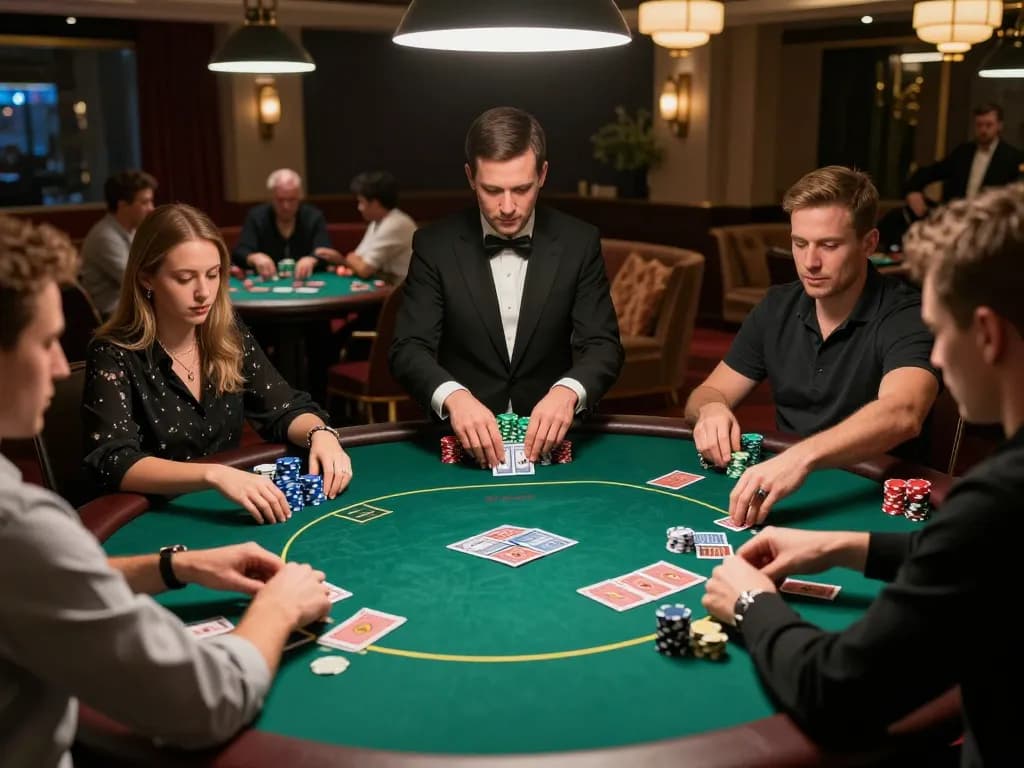 Players immersed in a high-stakes poker game at god55, showcasing strategy and excitement in a luxurious casino setting