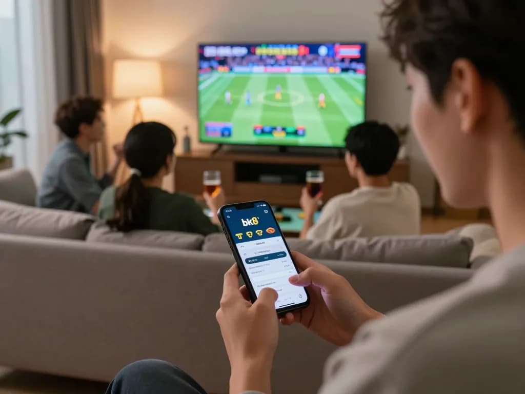 Betting on bk8 with smartphone during live sports events at home gathering.