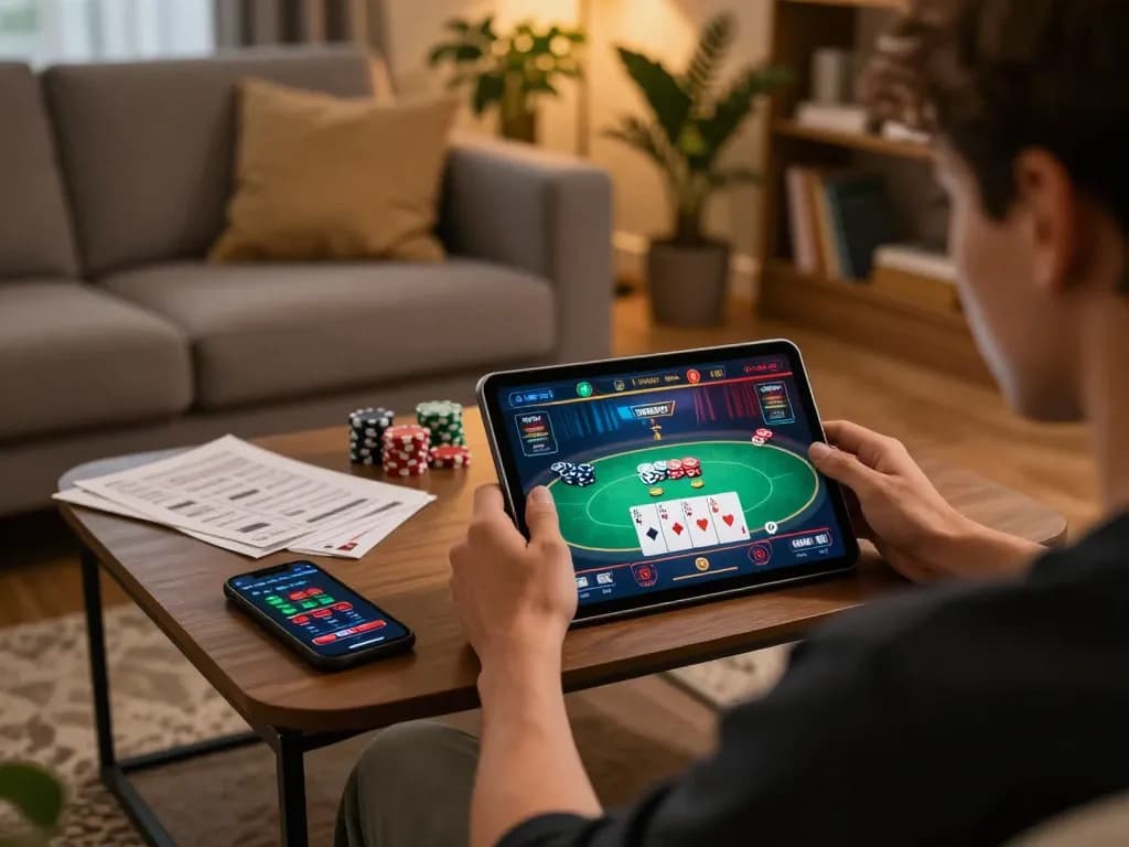 Player engaging with GO88 poker app on tablet, surrounded by gaming notes, in cozy home setting