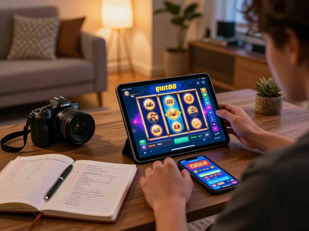 Player engaging with slot88 gacor online gaming interface on a tablet, showcasing a vibrant casino environment