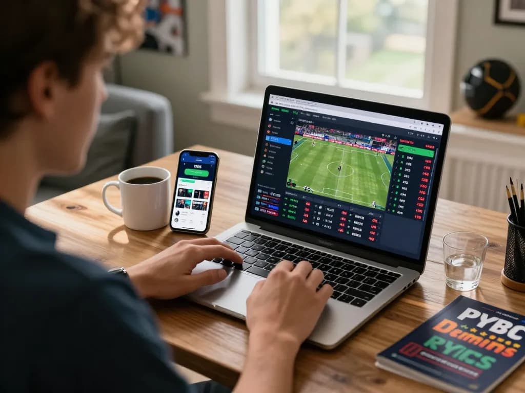 Person engaging in live sports betting from home, exploring transcrime opportunities on their laptop