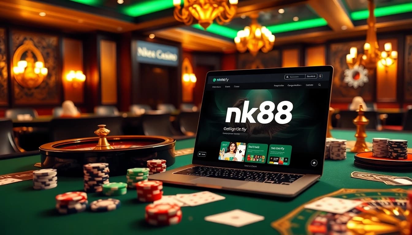 Nk88.fyi showcases an online casino environment with poker chips and a roulette wheel, indicating an exciting gaming experience.