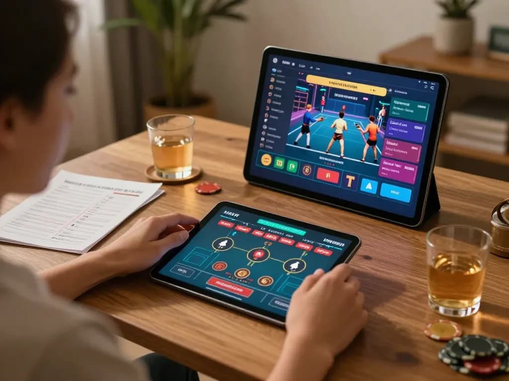 Player engaging with the GO8 betting app, strategizing with notes and drinks in a cozy home setting.