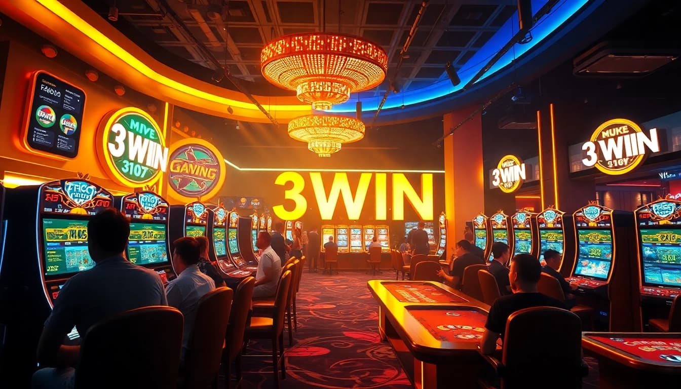 3WIN gaming scene with vibrant casino lights, thrilling atmosphere, and luxury gaming experience.