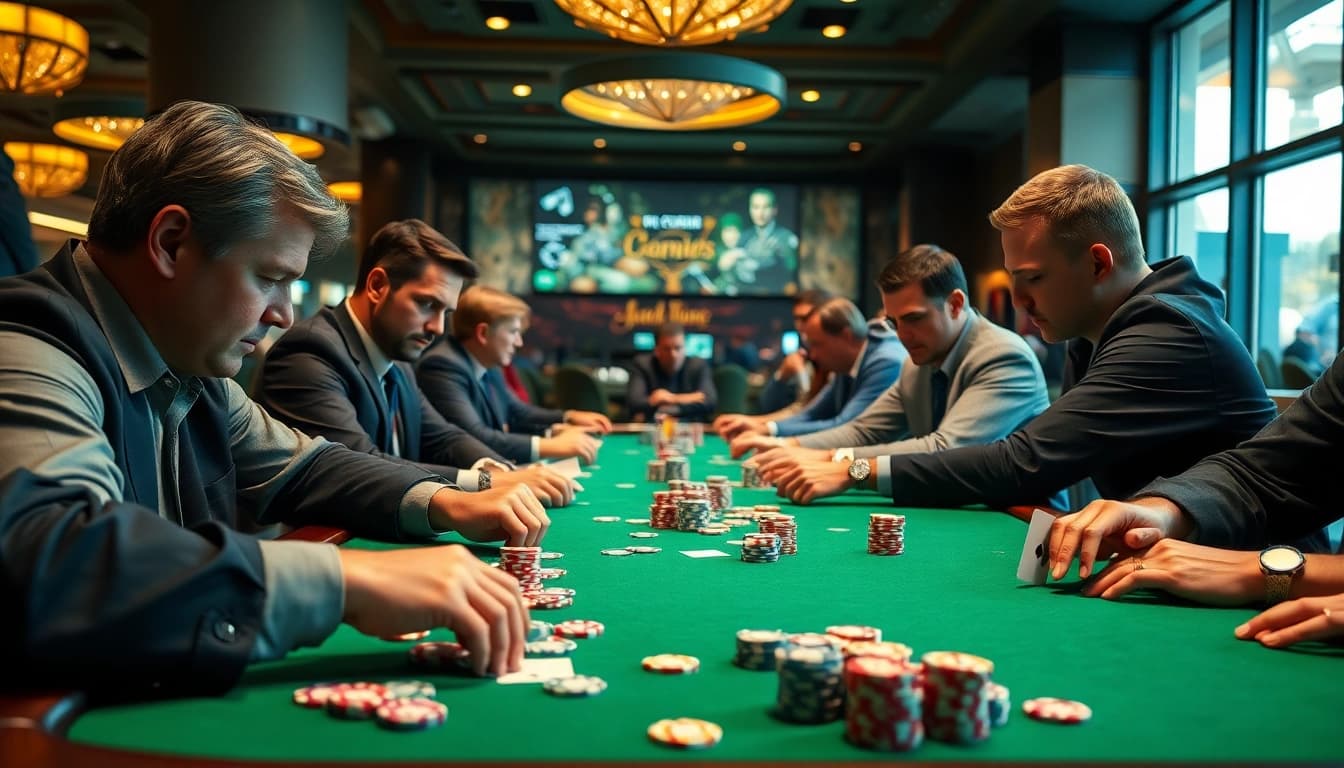 Permainan poker88 yang menarik di kasino dengan chip warna-warni dan pemain fokus.