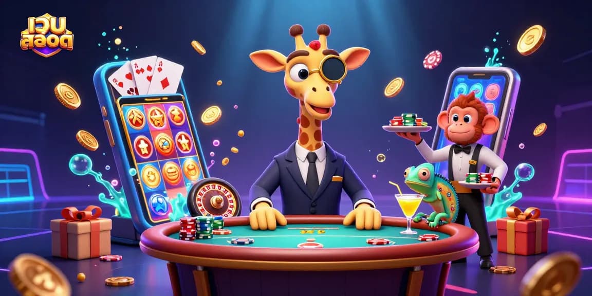Engage in เว็บสล็อต thrill with giraffe at poker table and vibrant game elements