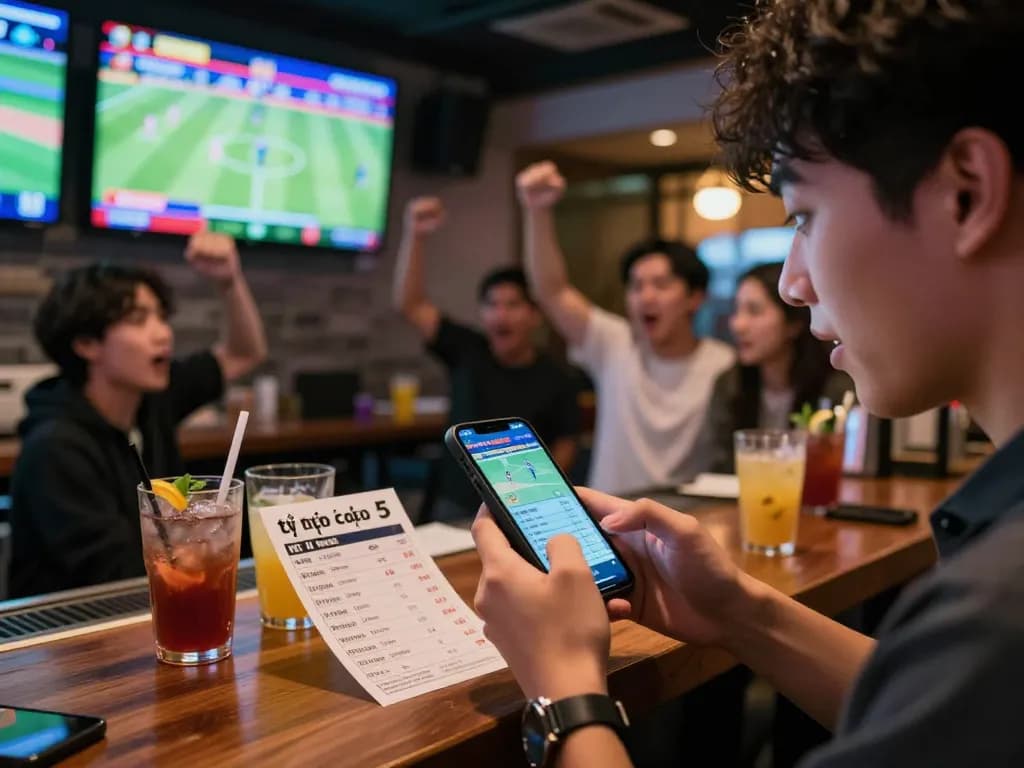 Betting on tỷ lệ kèo nhà cái 5 in a lively sports bar, showcasing live matches on multiple screens.