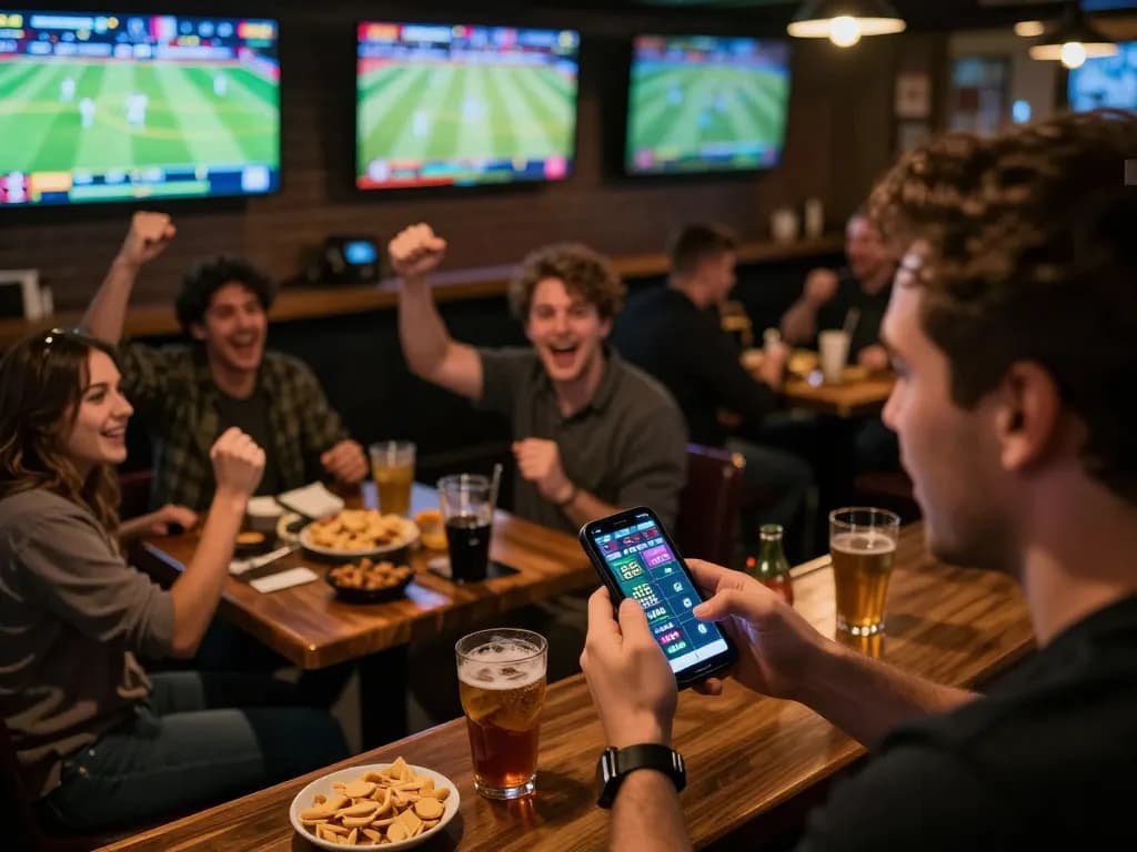 Person analyzing tỷ lệ kèo trực tuyến on smartphone while cheering for their team in a lively sports bar