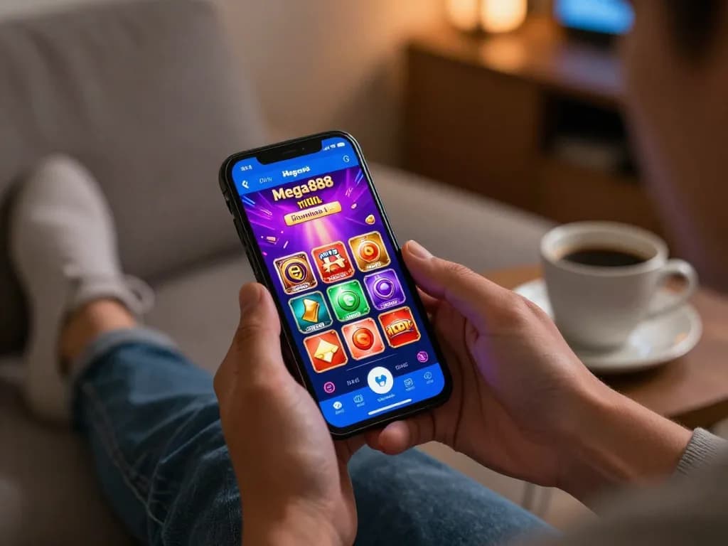 Mega888 download ios on a smartphone showcases engaging gameplay in a cozy home setting.