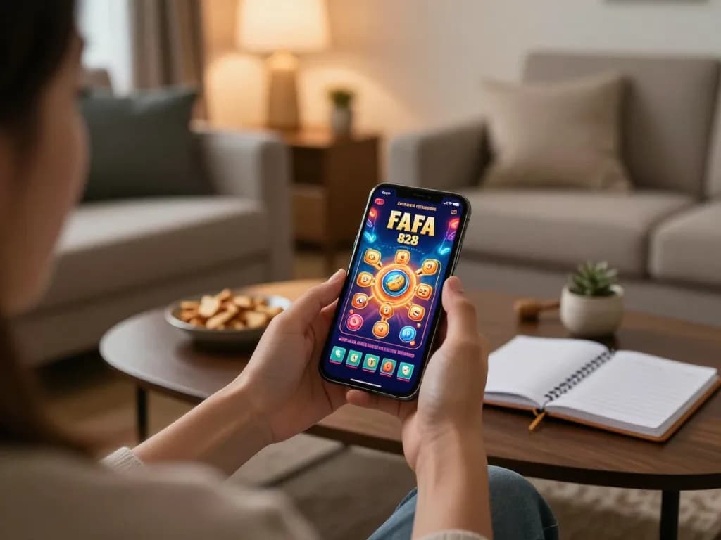 Player engaging with FAFA 828 casino app on smartphone in a cozy home set up