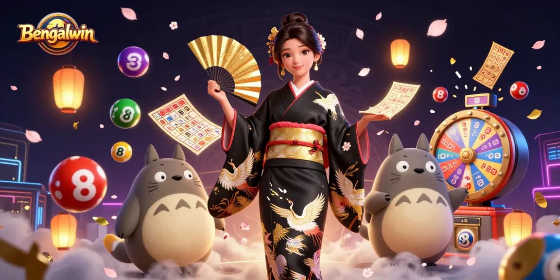 Bengalwin showcases an engaging scene with a vibrant 3D illustration of an Asian woman in a kimono, lottery elements, and a whimsical tanuki.