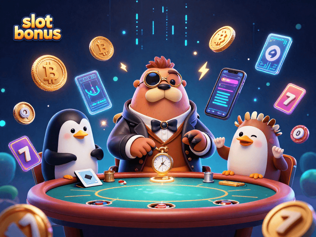Experience exhilarating slot bonus adventures at an underwater poker table with vibrant characters and crypto coins.