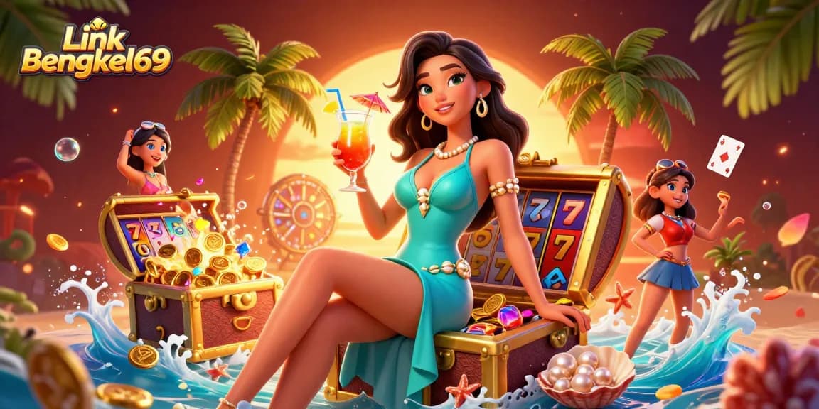 Link Bengkel69 showcases a vibrant online casino scene with slot reels and golden coins scattered around.