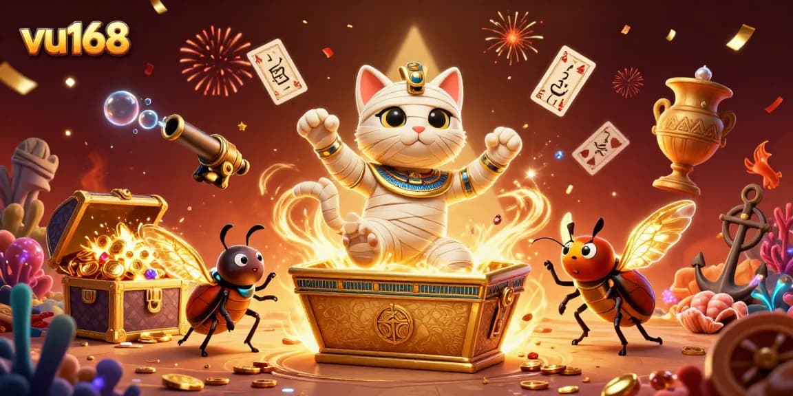 Experience the excitement of winning with vu168 in a vibrant 3D casino scene filled with treasures.