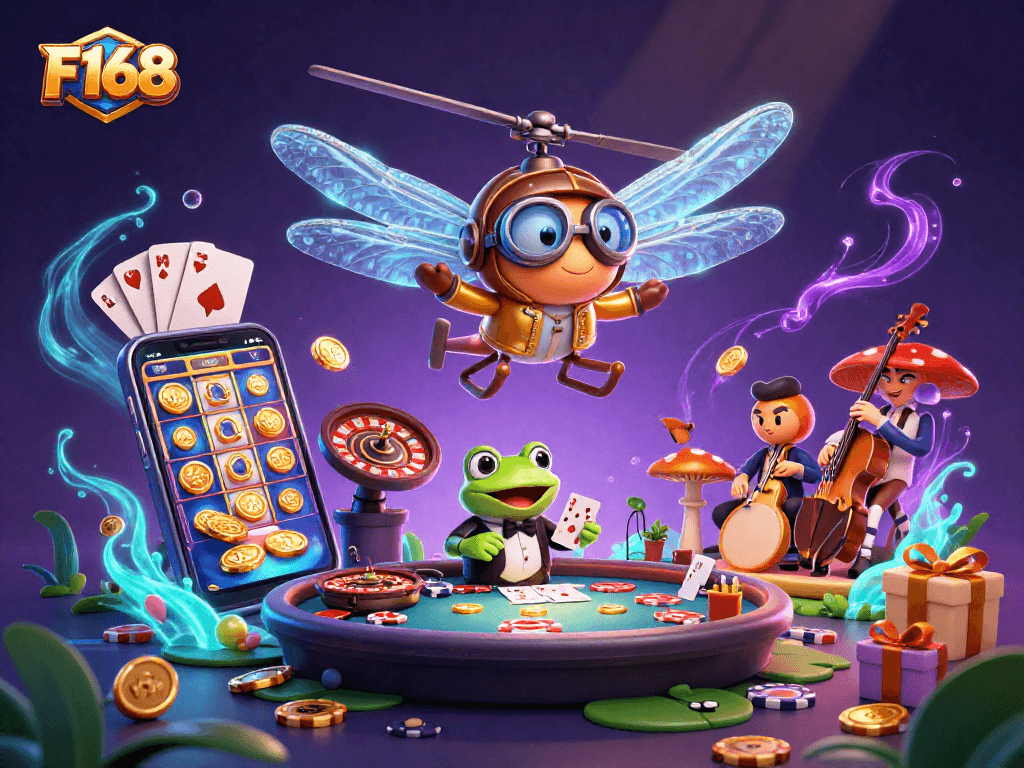 Experience thrilling casino action at F168 with a vibrant 3D illustration featuring games and characters.