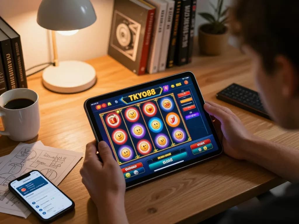 Rasakan slot menarik tokyo88 di tablet, dikelilingi oleh suasana kantor rumah yang nyaman.