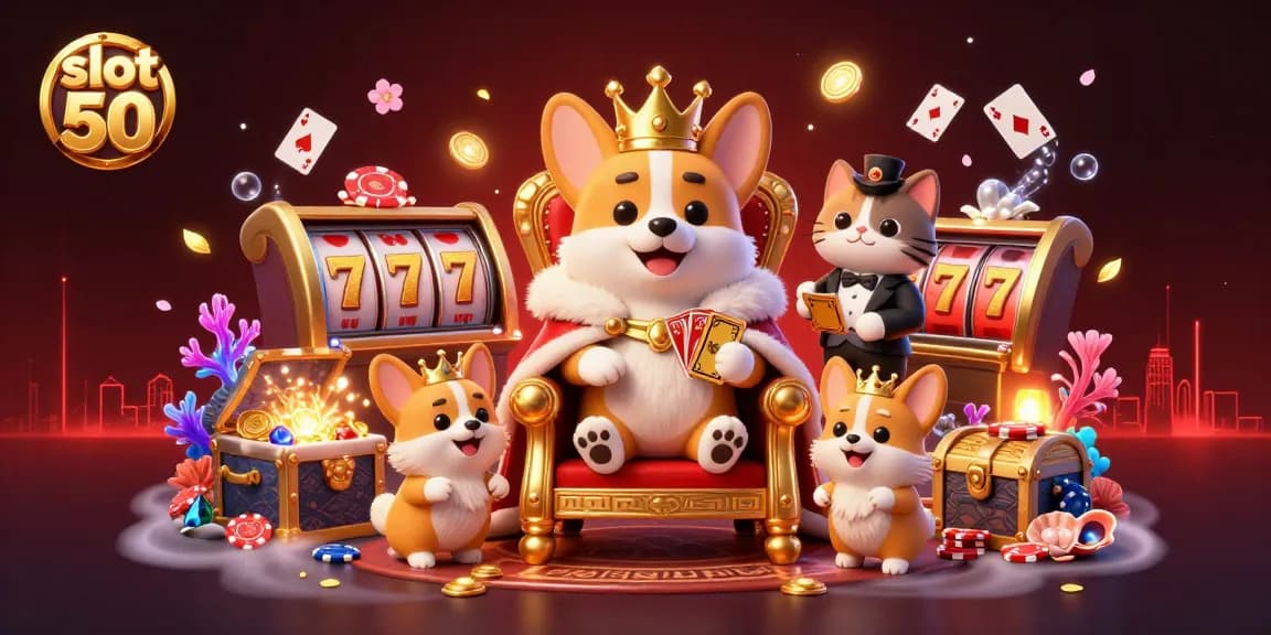 Engage in the excitement of slot bet 50 with a vibrant illustration of a royal corgi in a casino setting.