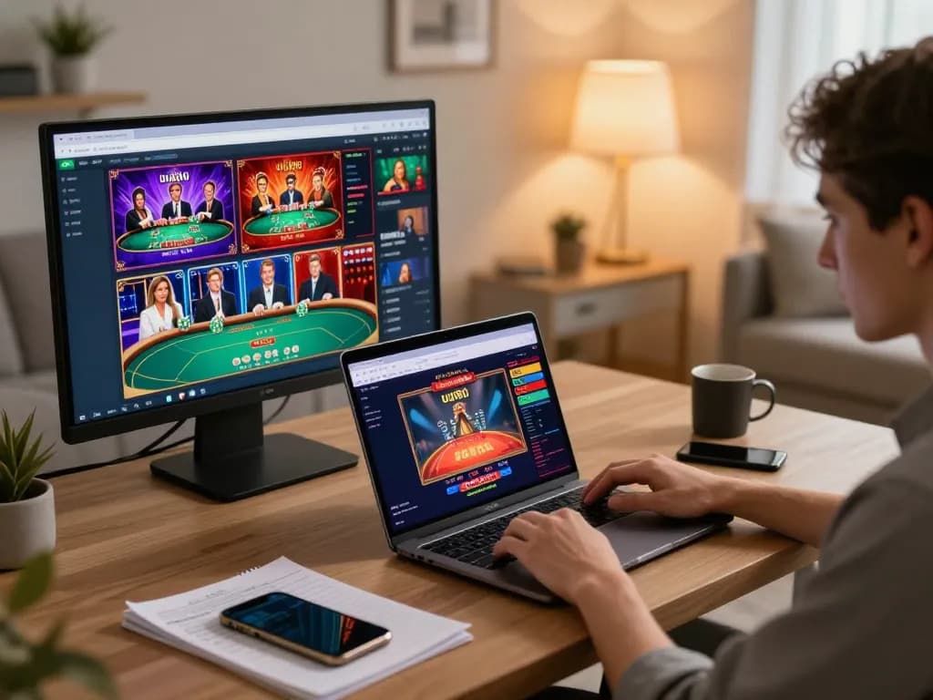 Engaging with uu88 online casino platform through a laptop, showcasing a strategic gaming setup