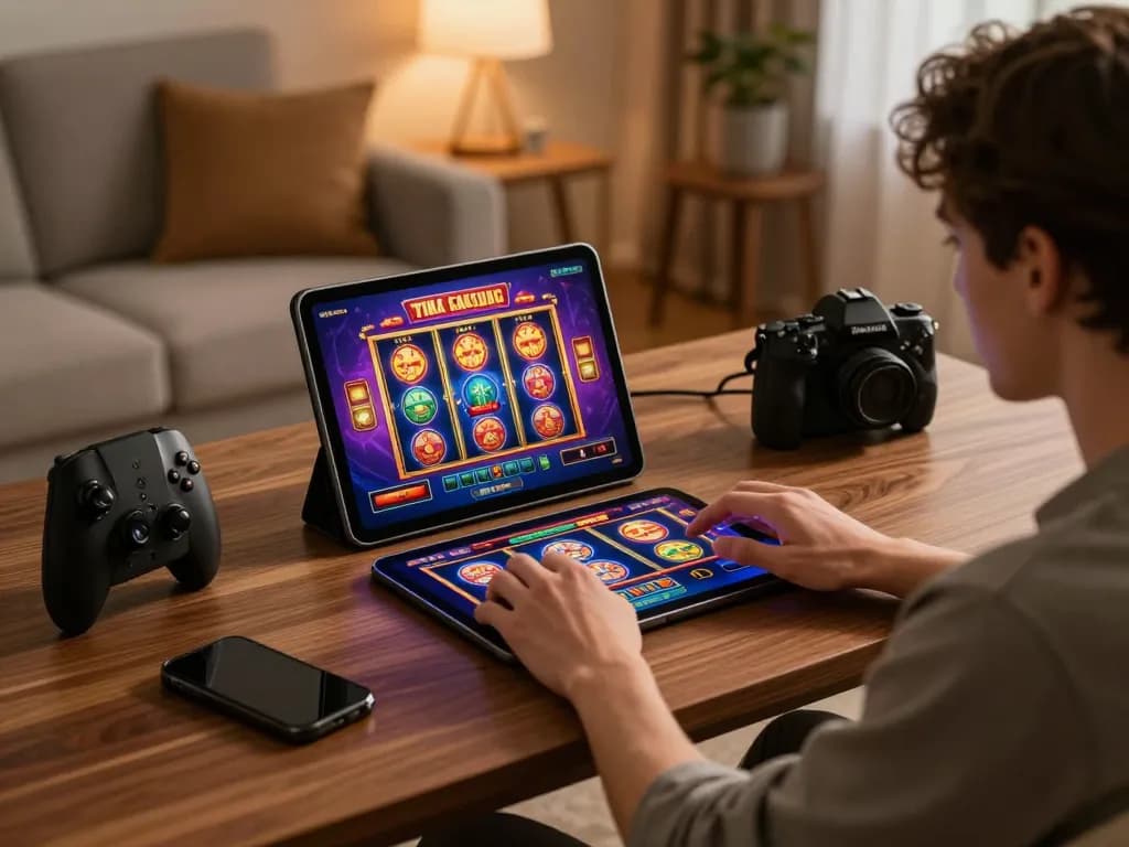 Player enjoying engaging slot games at home, showcasing nhà cái uy tín Nk88 experience.