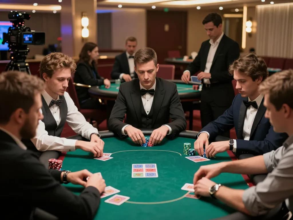 Players strategizing at a high-stakes poker game at 100VIP, showcasing luxury and excitement in an upscale casino.