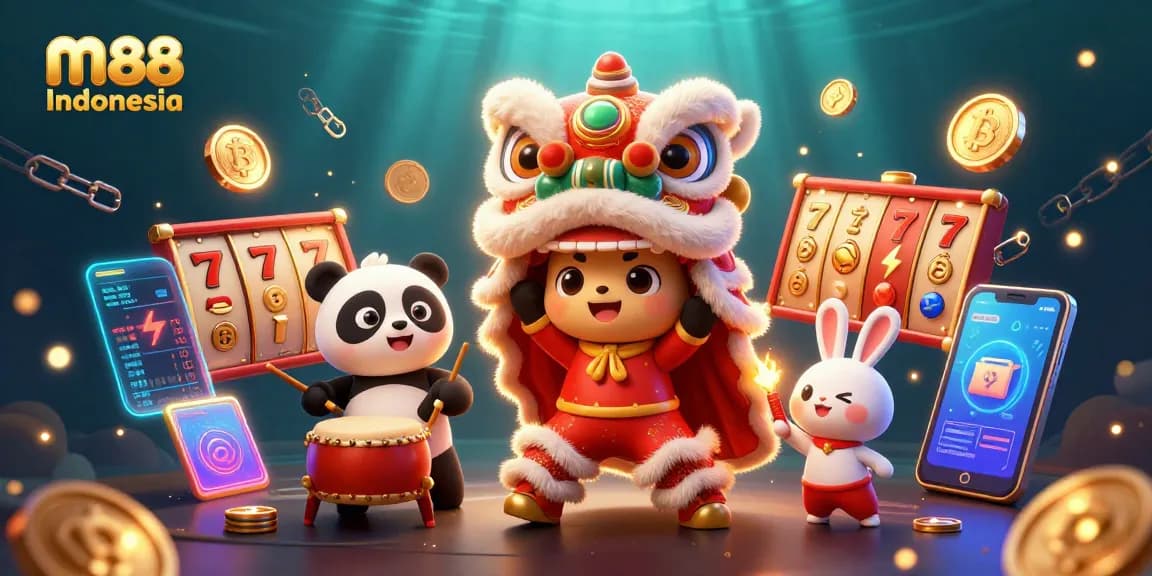 Rasakan kegembiraan di m88 Indonesia dengan ilustrasi kasino 3D yang hidup yang menampilkan karakter yang ceria dan elemen permainan.