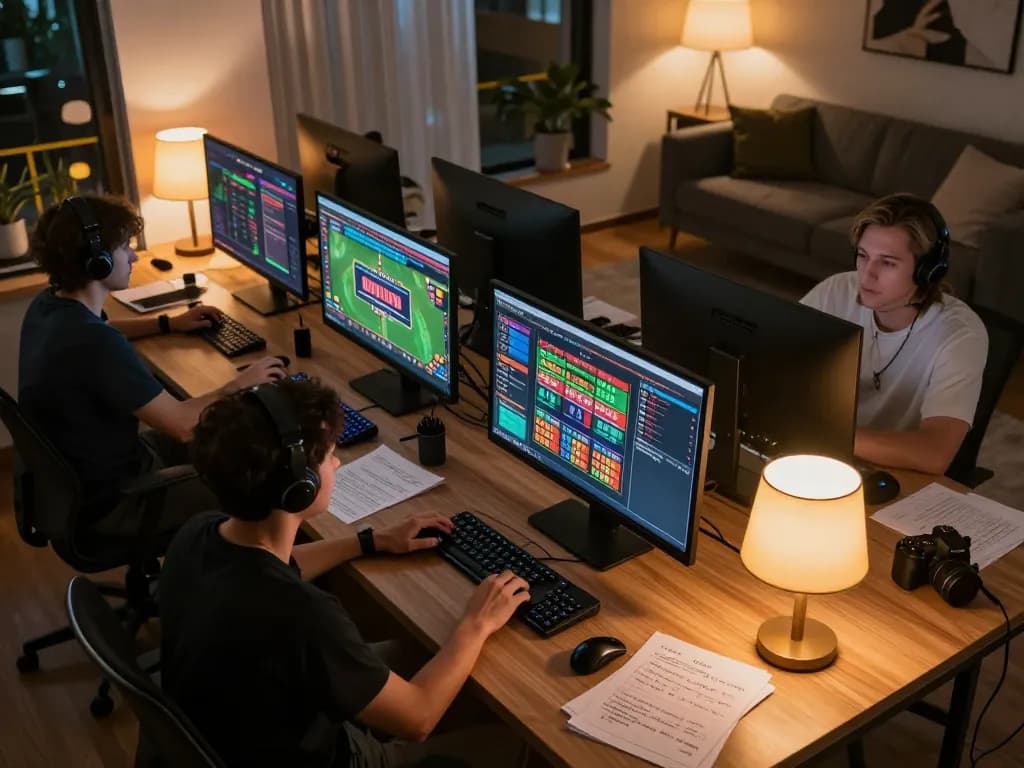 ho88 player placing bets on multiple screens in a cozy home gaming setup
