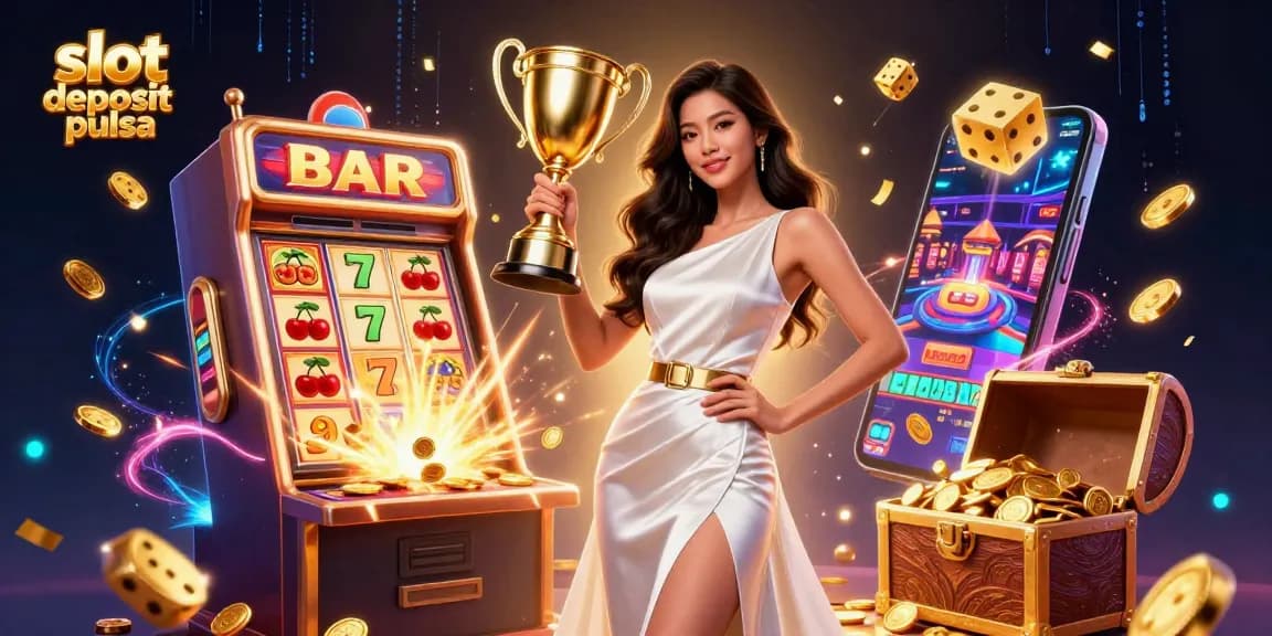 Experience the thrill of slot deposit pulsa with a stunning Asian woman celebrating her jackpot win amidst dynamic casino elements.