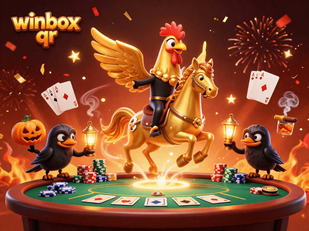 Engage with winbox qr in this vibrant 3D casino scene featuring a golden rooster and poker elements.