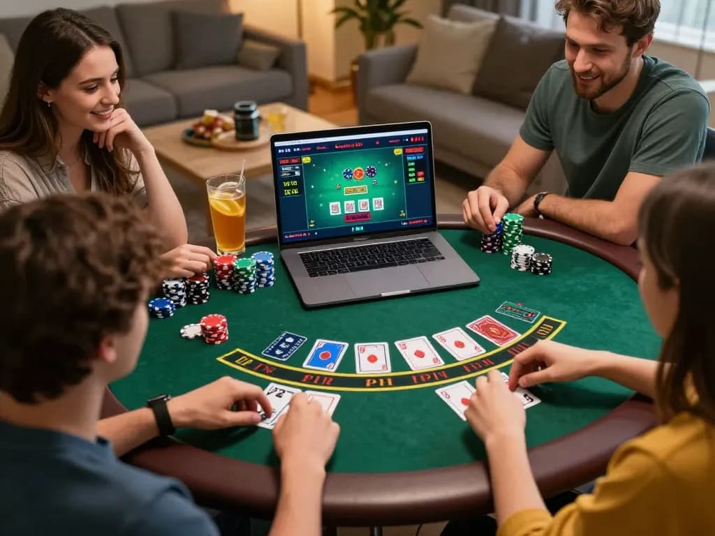 Play blackjack online with friends at ta88 in a lively home setting with snacks and drinks.