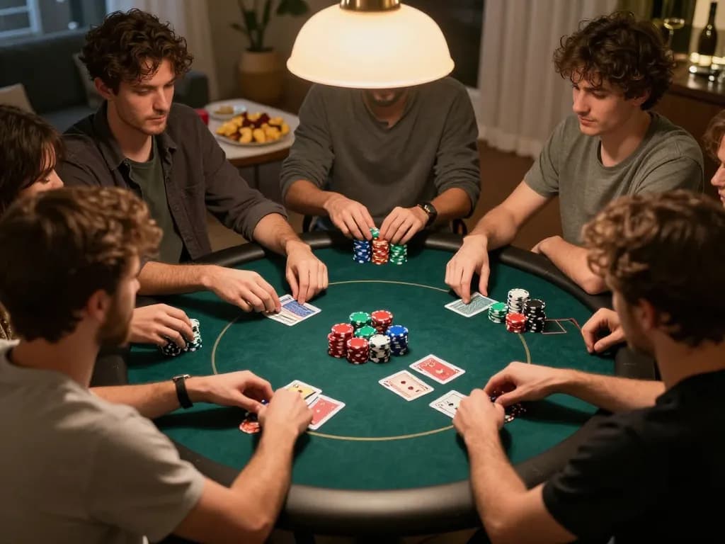 Players enjoying a thrilling poker night at home using tip88, surrounded by colorful chips and engaging gameplay.