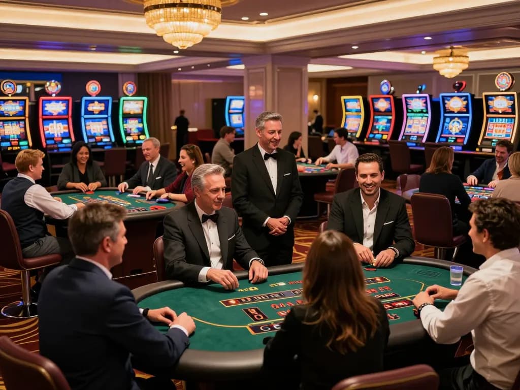Experience the excitement of ku win at a lively blackjack table in a luxury casino setting.