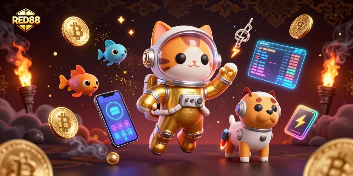 Engage with the thrilling RED88 casino experience featuring an adventurous astronaut cat and robot dog.