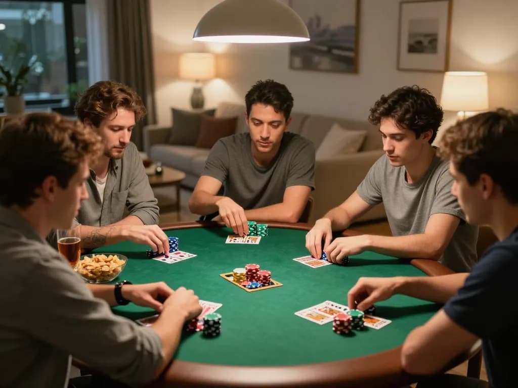 Cảnh bạn bè vui vẻ thưởng thức Phát sóng trực tiếp đá gà trong đêm poker tại nhà với những chiếc chip đầy màu sắc và đồ ăn vặt.