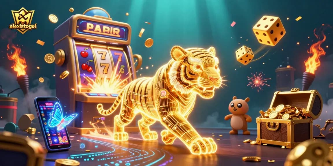 Mengalami keseruan bermain di alexistogel dengan karakter harimau cerah dan mesin slot yang meledak penuh koin.
