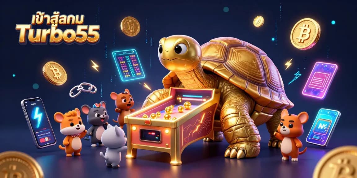 Experience casino thrills with เข้าสู่ระบบ Turbo55 through dynamic 3D digital art featuring gaming elements.