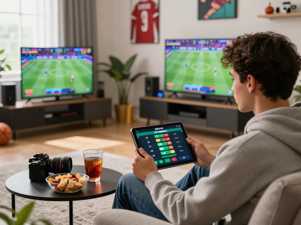 Gamer using the 88aa app on a tablet in a lively living room, surrounded by modern gaming gear and live sports action.