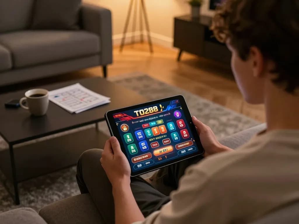 Engaging in online gaming with TO288 displayed on tablet, showcasing casual home betting strategy.