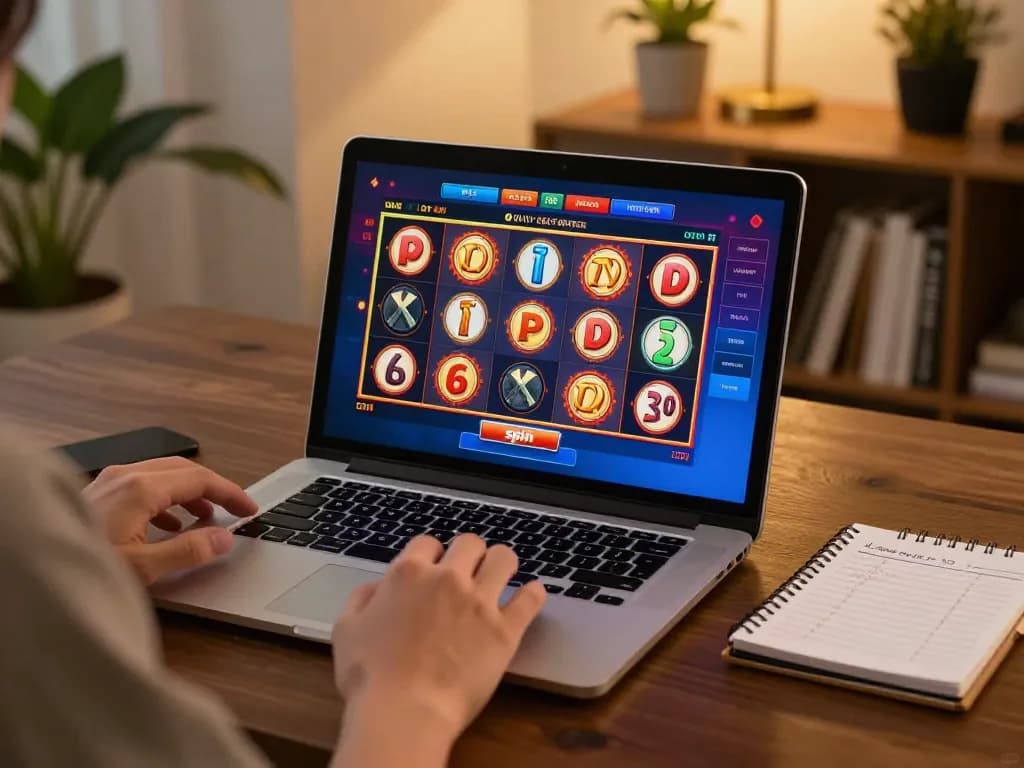 Engaging online gaming scene with nk88 slot game interface on laptop in a cozy setting.