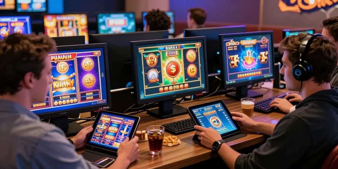 Players engaging with bonus buy slots in a lively casino environment, showcasing excitement and vibrant visuals.