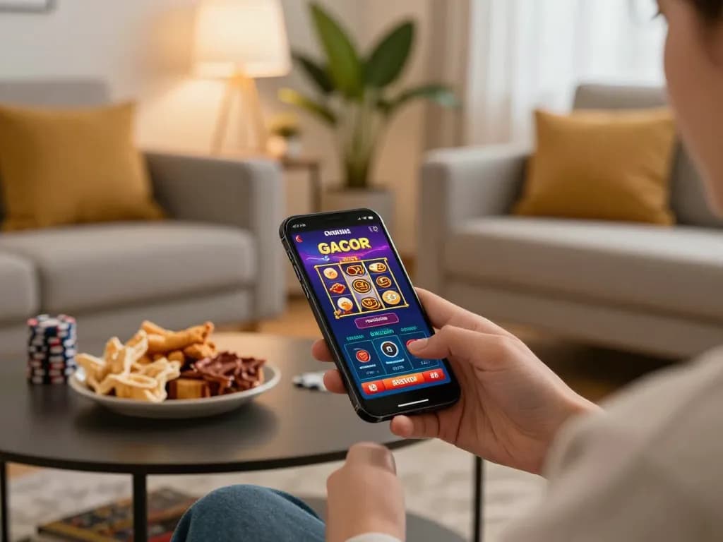Playing slot gacor on a smartphone in a cozy home setting, showcasing an engaging online casino experience.