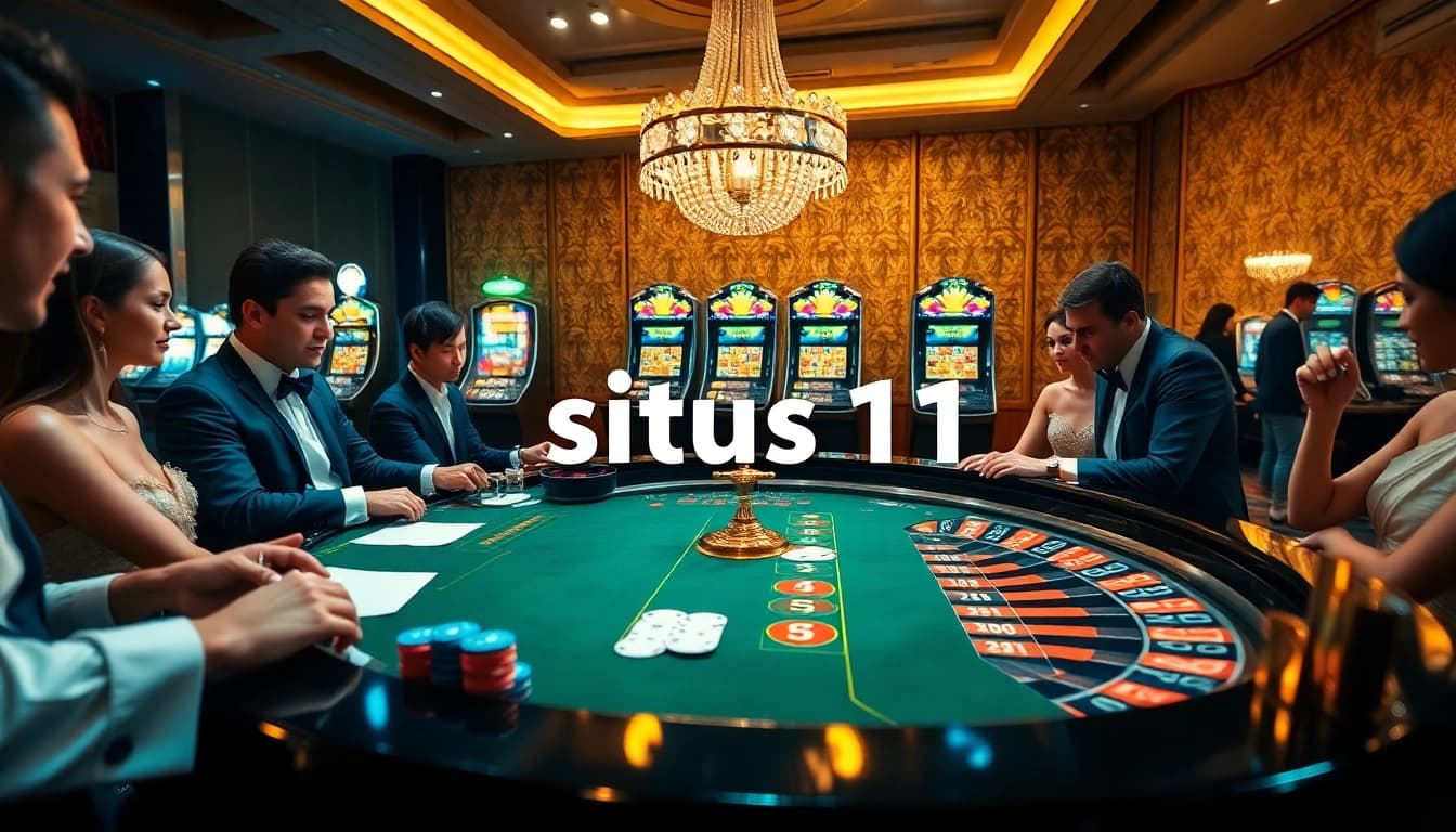 Action at situs 11 casino with players engaged in roulette and vibrant slot machines.