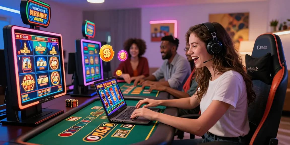 New online casinos scene featuring players enjoying exciting games and bonuses in a cozy home setting.