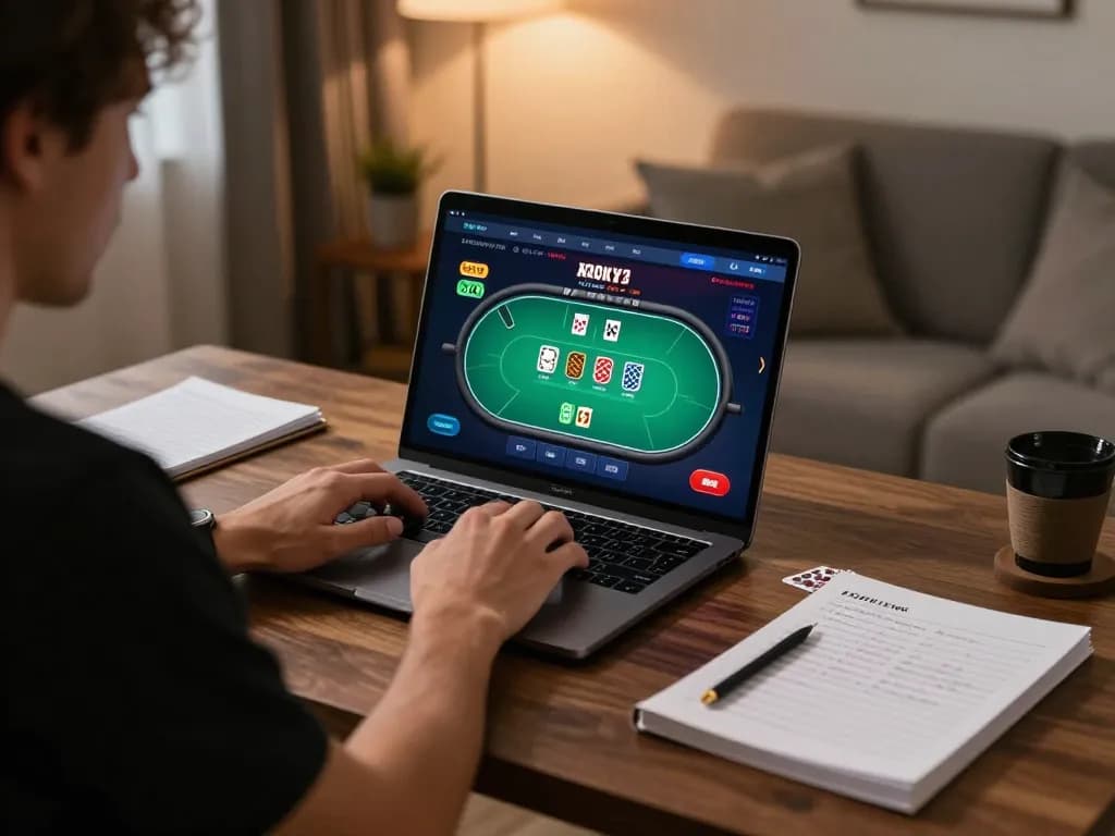 Playing poker online at F8BET with strategy notes in a home office setup